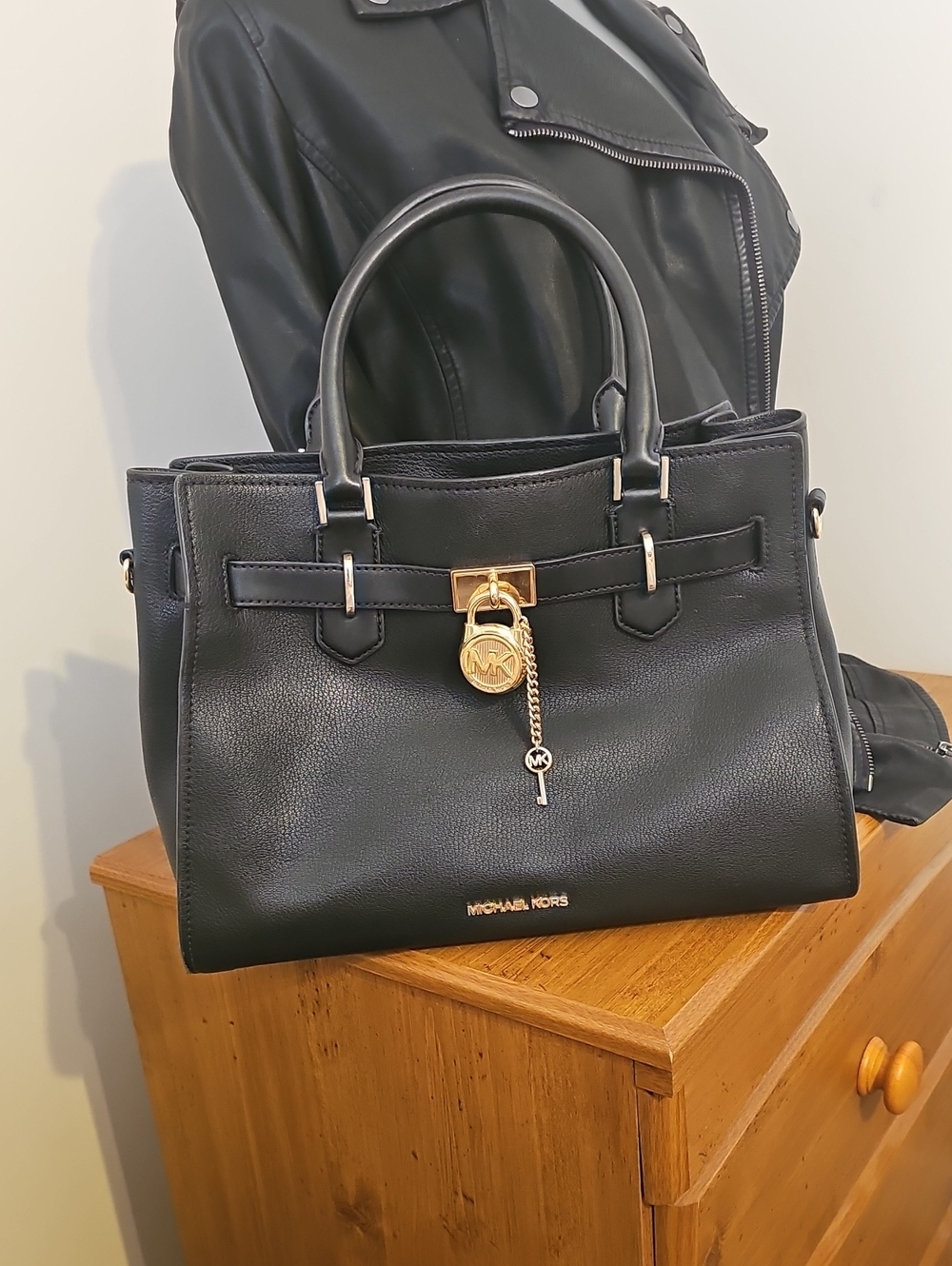 Michael Kors Black Leather Satchel with Gold Lock Charm